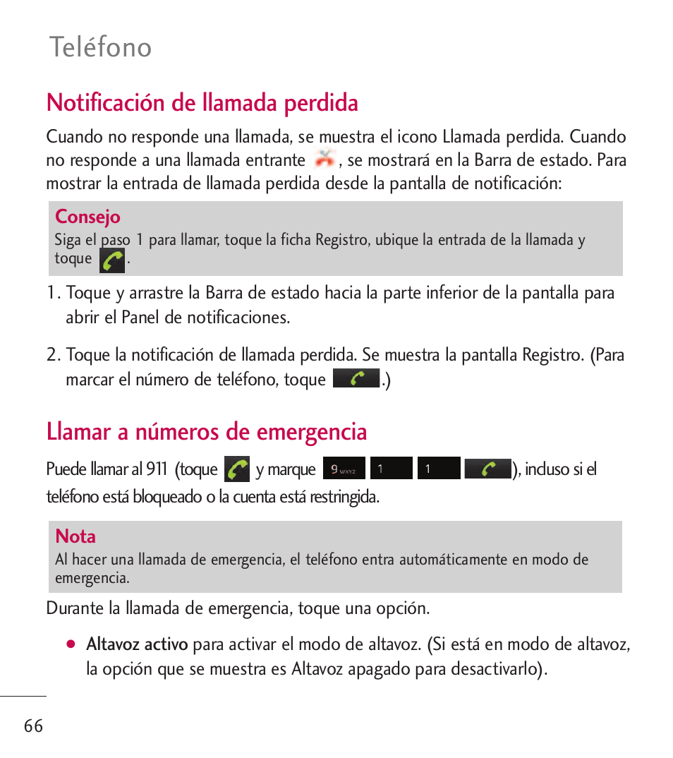 Teléfono, Notificación de llamada perdida, Llamar a números de emergencia | LG LGL55C User Manual | Page 308 / 506