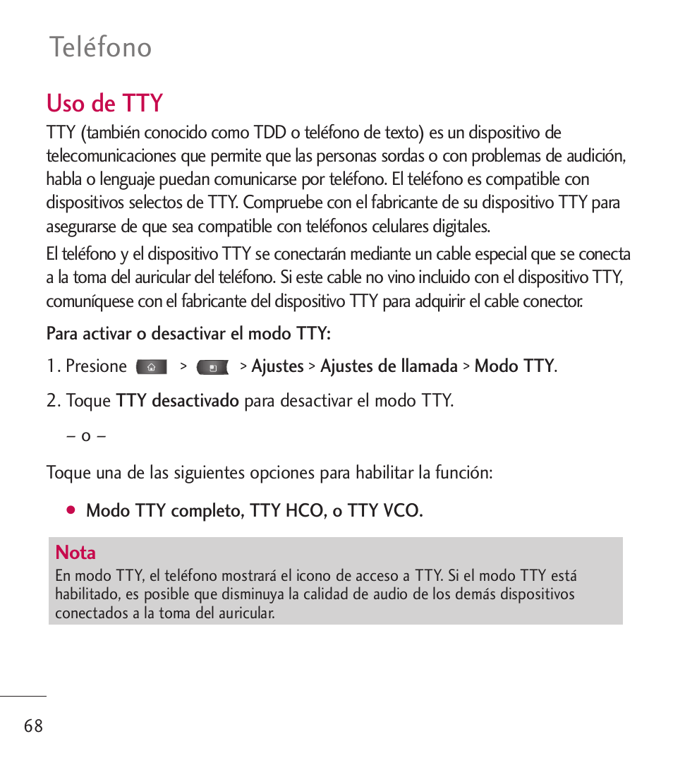 Teléfono, Uso de tty | LG LGL55C User Manual | Page 310 / 506