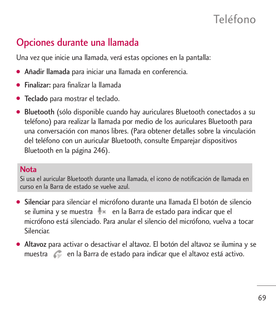 Teléfono, Opciones durante una llamada, Nota | LG LGL55C User Manual | Page 311 / 506