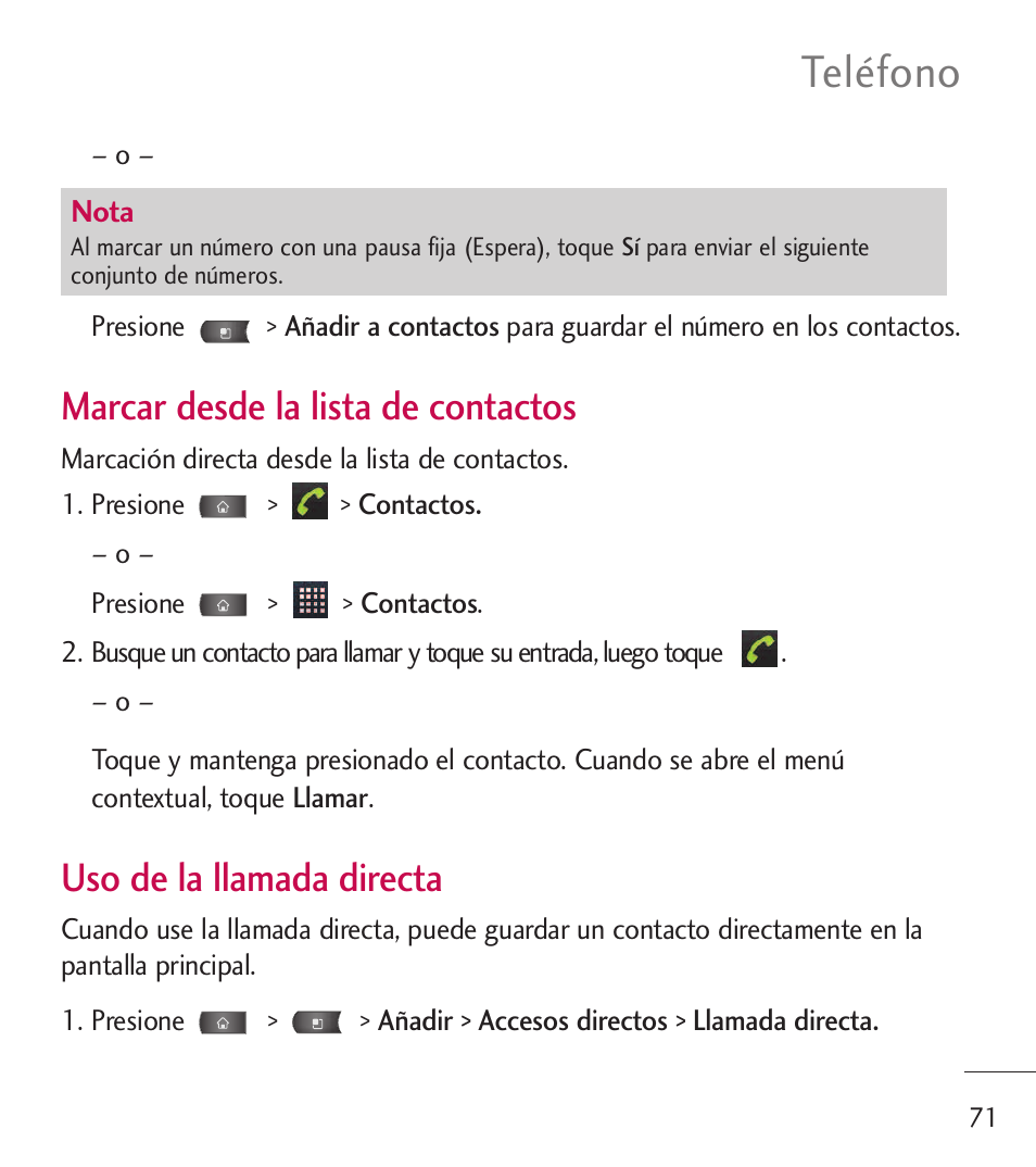 Teléfono, Marcar desde la lista de contactos, Uso de la llamada directa | LG LGL55C User Manual | Page 313 / 506