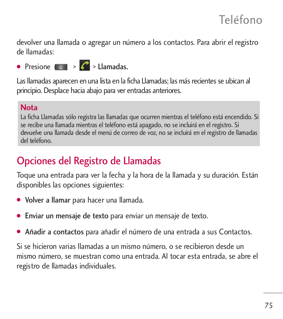 Teléfono, Opciones del registro de llamadas | LG LGL55C User Manual | Page 317 / 506