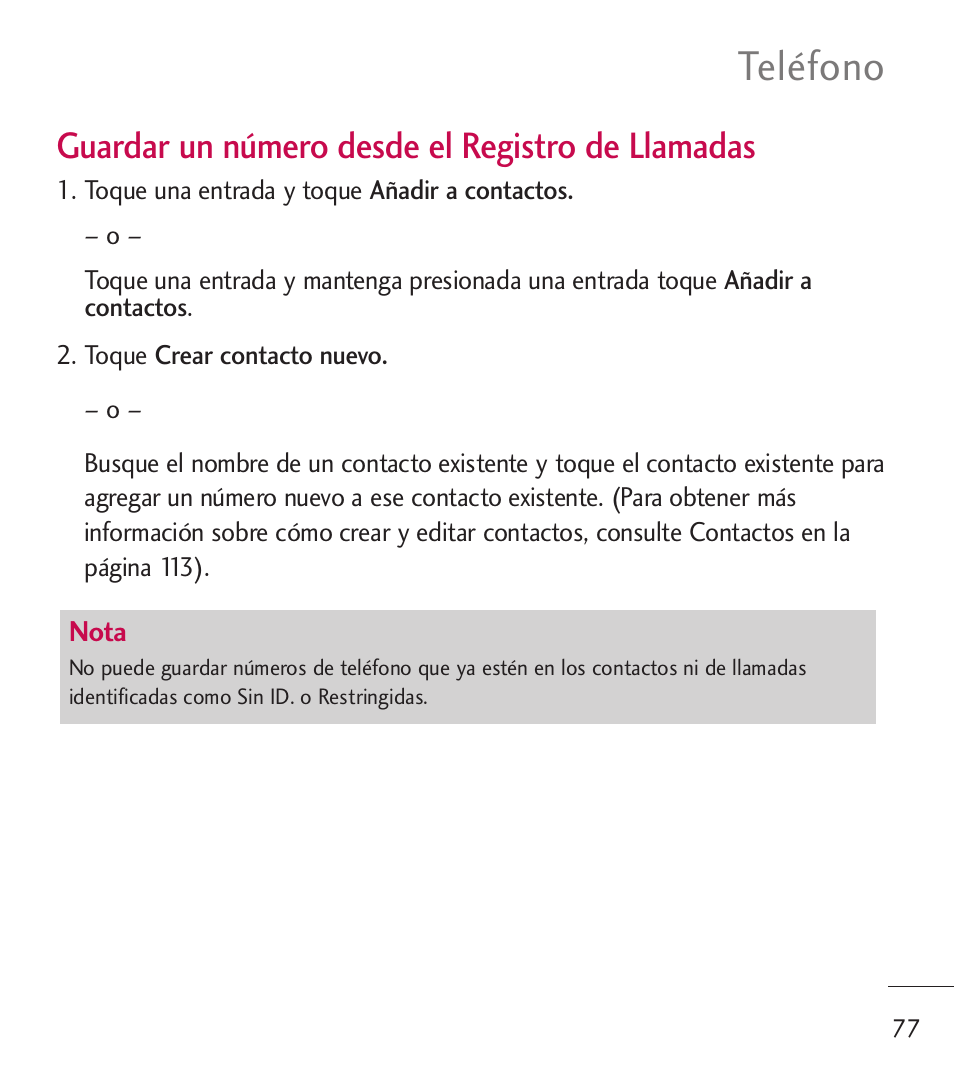 Teléfono, Guardar un número desde el registro de llamadas | LG LGL55C User Manual | Page 319 / 506