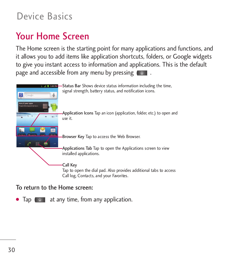 Your home screen, Device basics your home screen | LG LGL55C User Manual | Page 32 / 506