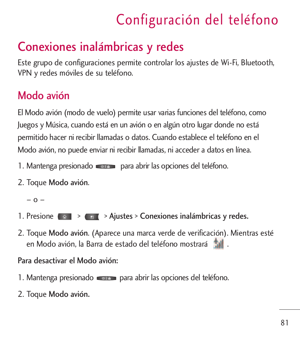 Configuraci? del tel?ono, Conexiones inal?bricas y redes, Configuración del teléfono | Conexiones inalámbricas y redes 81, Conexiones inalámbricas y redes, Modo avión | LG LGL55C User Manual | Page 323 / 506