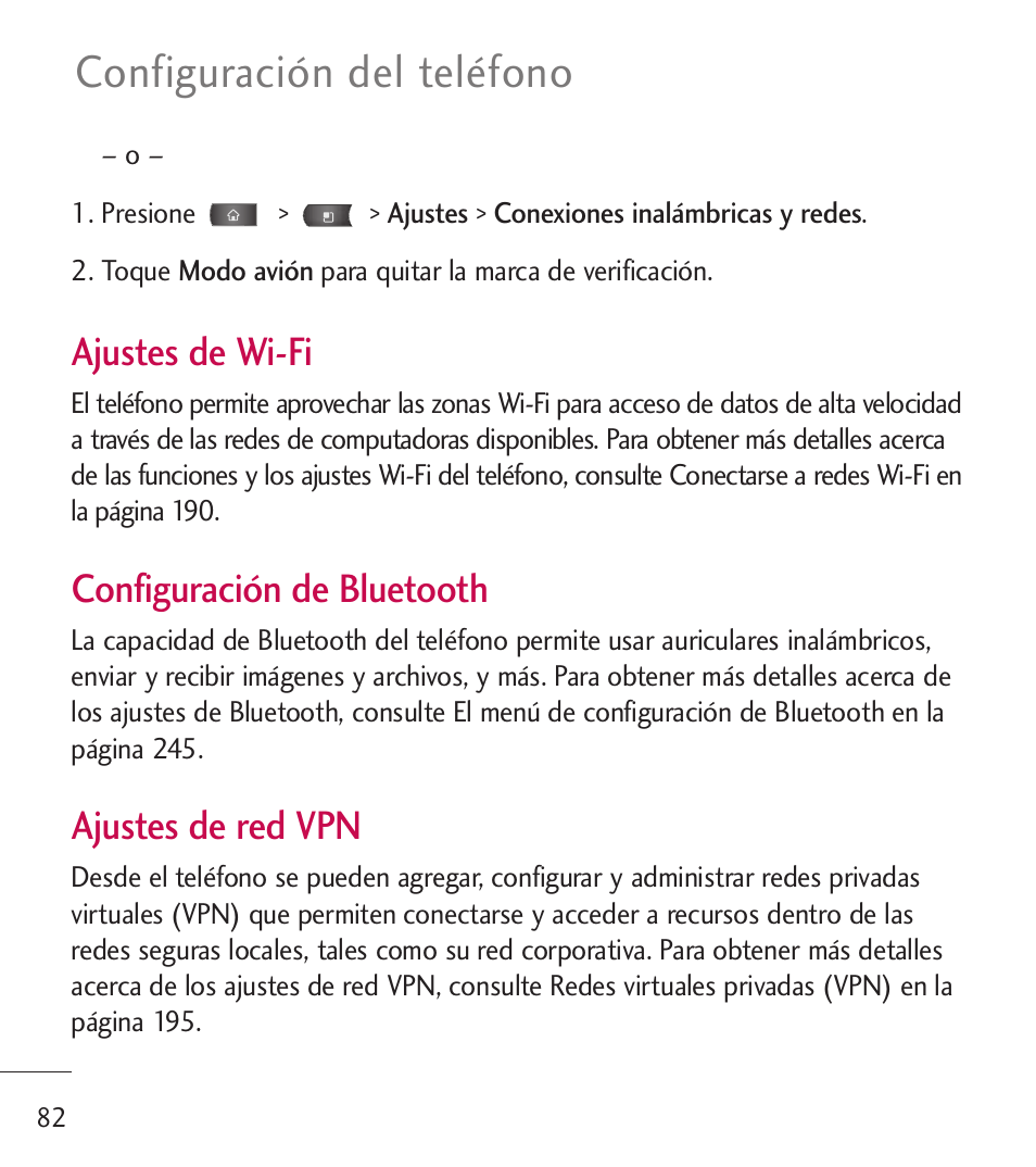 Configuración del teléfono, Ajustes de wi-fi, Configuración de bluetooth | Ajustes de red vpn | LG LGL55C User Manual | Page 324 / 506