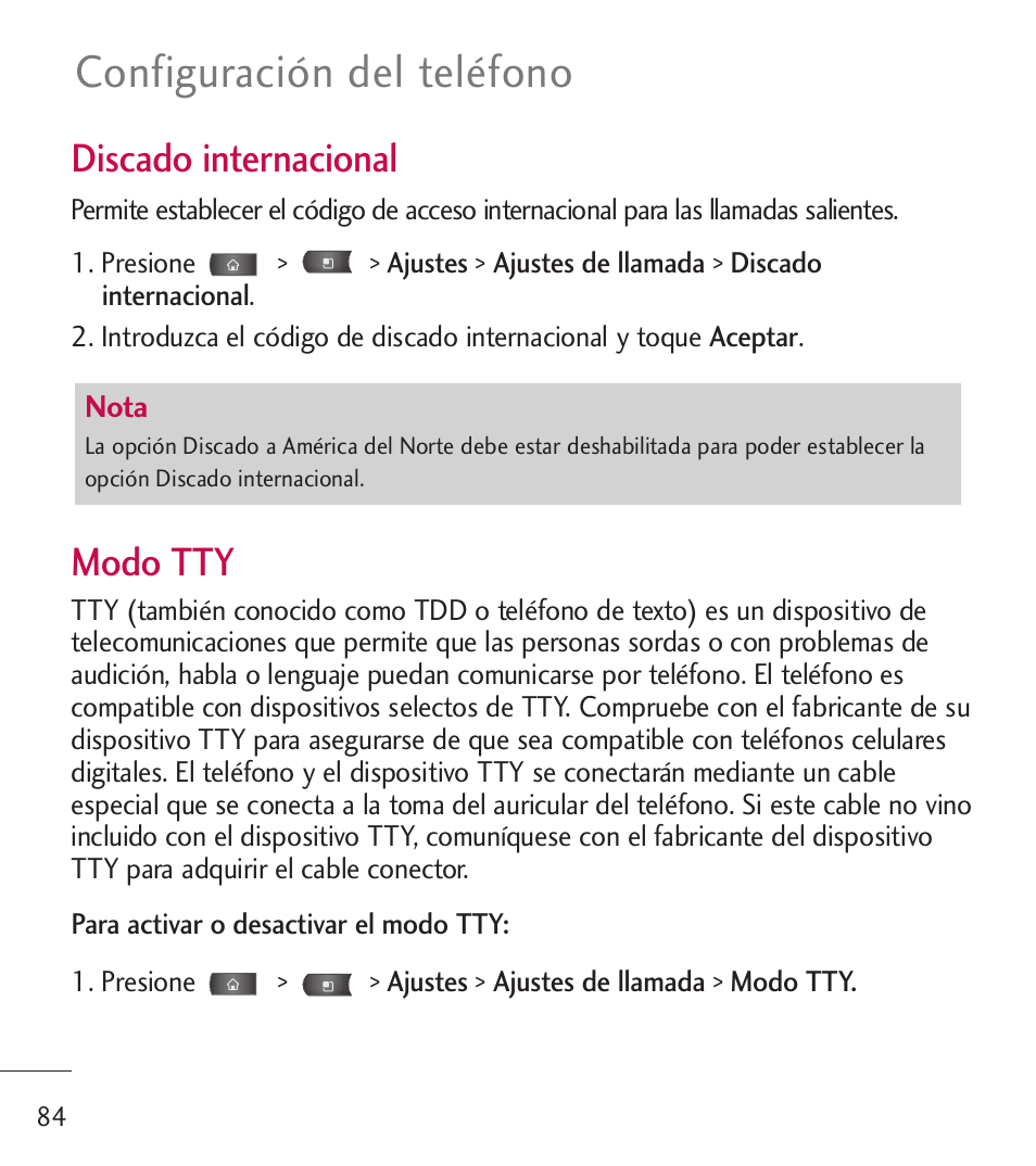 Configuración del teléfono, Discado internacional, Modo tty | LG LGL55C User Manual | Page 326 / 506