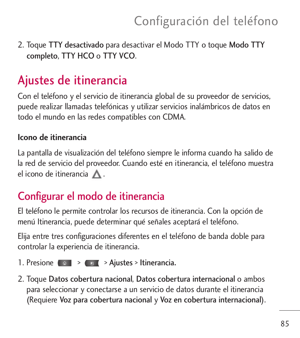 Ajustes de itinerancia, Configuración del teléfono, Configurar el modo de itinerancia | LG LGL55C User Manual | Page 327 / 506