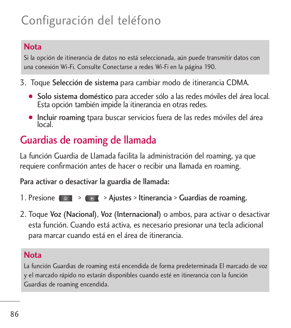 Configuración del teléfono, Guardias de roaming de llamada | LG LGL55C User Manual | Page 328 / 506