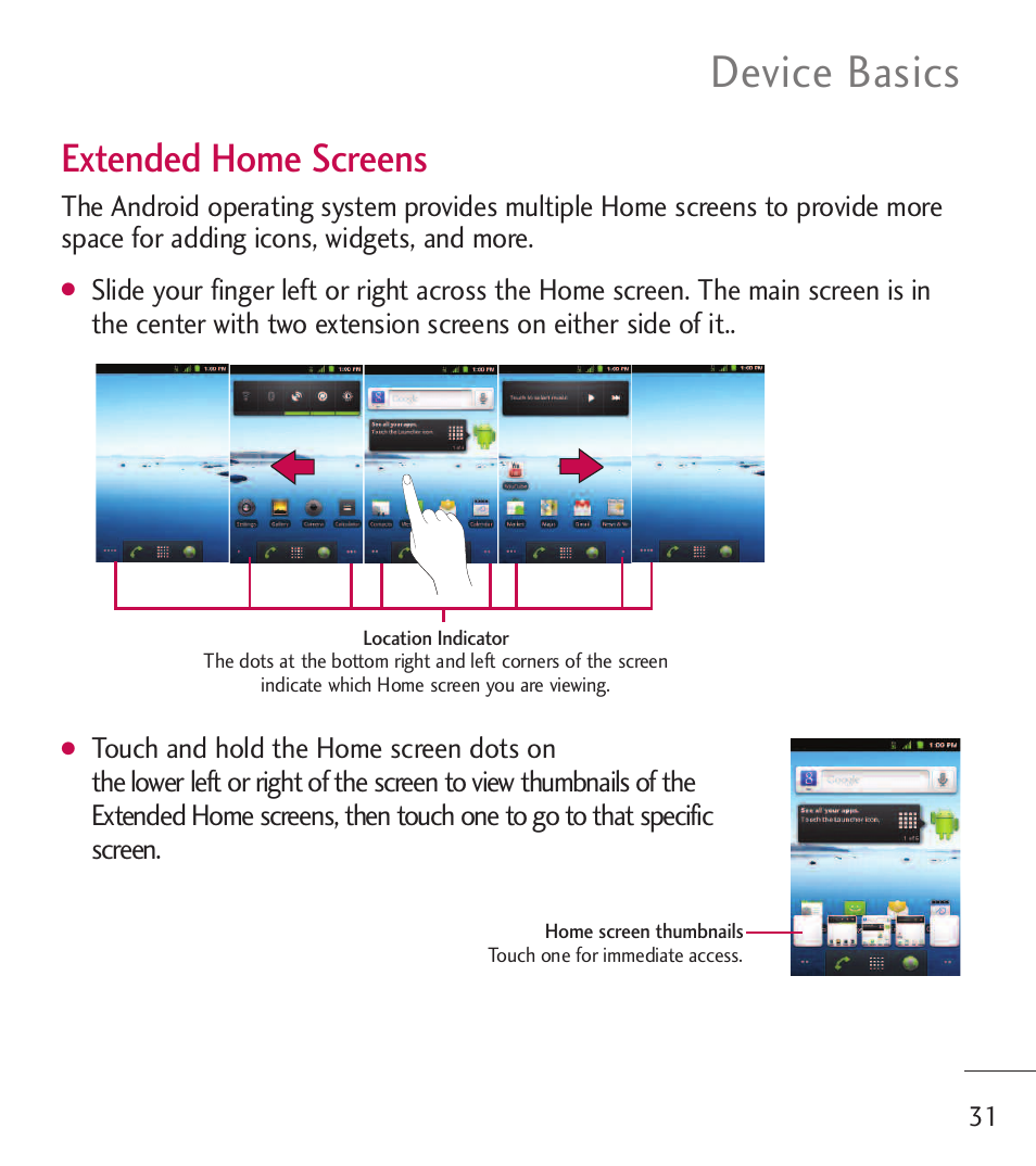 Device basics, Extended home screens | LG LGL55C User Manual | Page 33 / 506