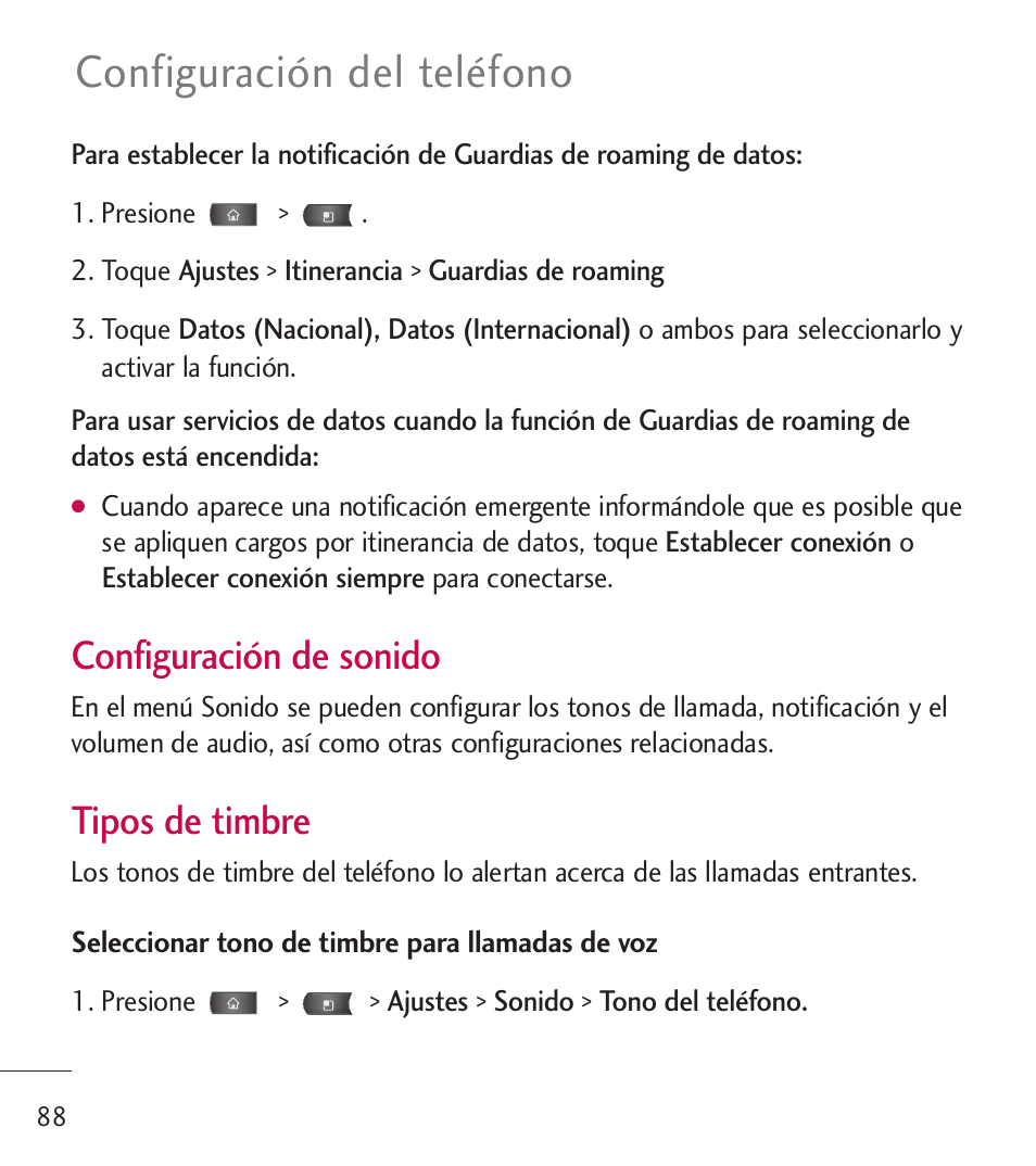 Configuración del teléfono, Configuración de sonido, Tipos de timbre | LG LGL55C User Manual | Page 330 / 506