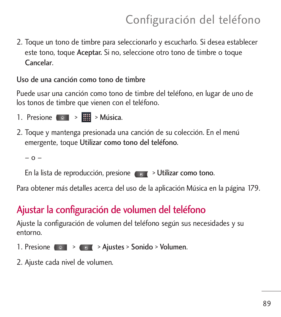 Configuración del teléfono, Ajustar la configuración de volumen del teléfono | LG LGL55C User Manual | Page 331 / 506