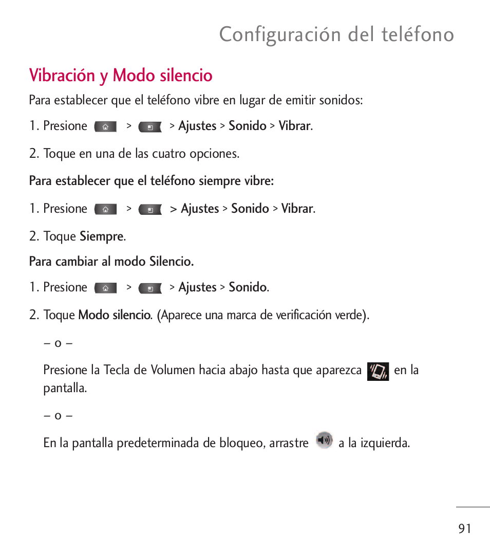 Configuración del teléfono, Vibración y modo silencio | LG LGL55C User Manual | Page 333 / 506