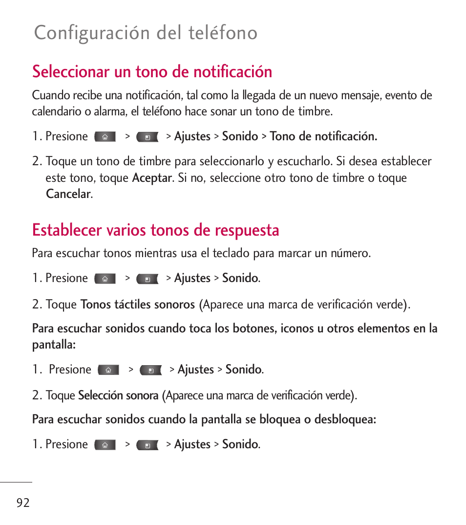 Configuración del teléfono, Seleccionar un tono de notificación, Establecer varios tonos de respuesta | LG LGL55C User Manual | Page 334 / 506