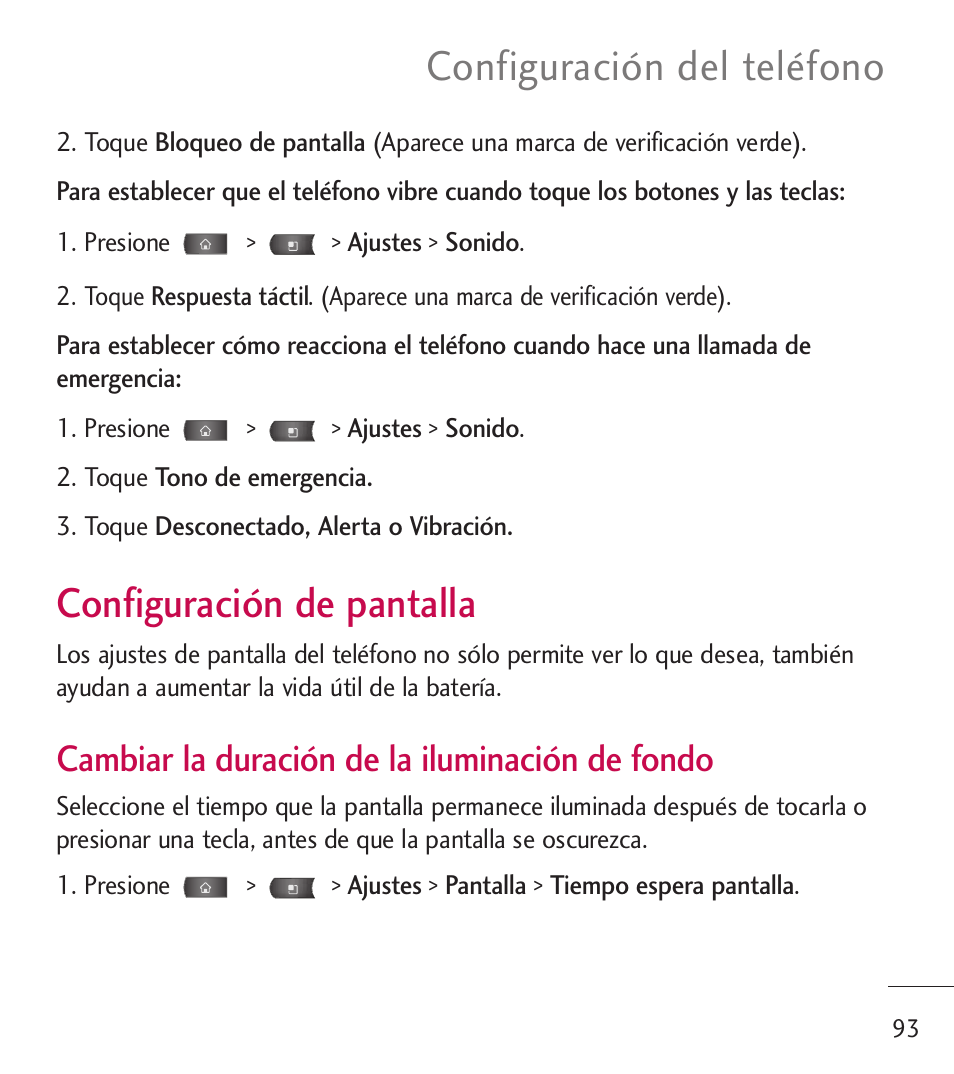 Configuraci? de pantalla, Configuración de pantalla, Configuración del teléfono | Cambiar la duración de la iluminación de fondo | LG LGL55C User Manual | Page 335 / 506