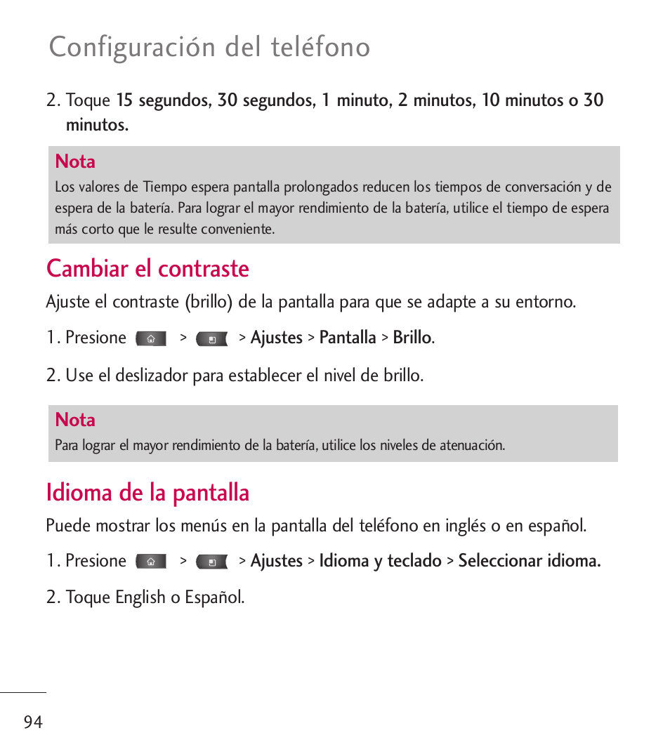 Configuración del teléfono, Cambiar el contraste, Idioma de la pantalla | LG LGL55C User Manual | Page 336 / 506