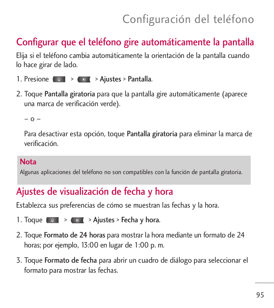 Configuración del teléfono, Ajustes de visualización de fecha y hora | LG LGL55C User Manual | Page 337 / 506