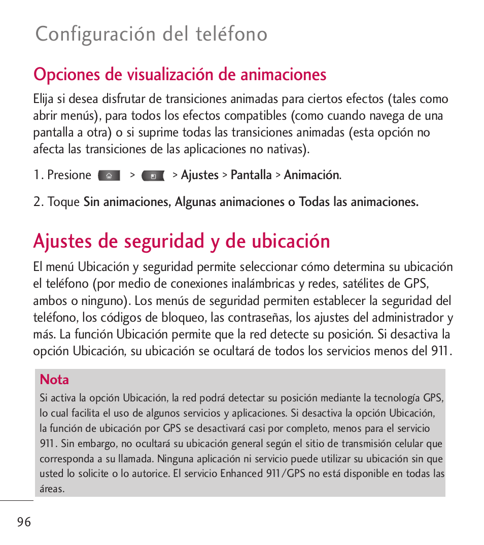 Ajustes de seguridad y de u, Ajustes de seguridad y de, Ubicación | Ajustes de seguridad y de ubicación, Configuración del teléfono, Opciones de visualización de animaciones | LG LGL55C User Manual | Page 338 / 506