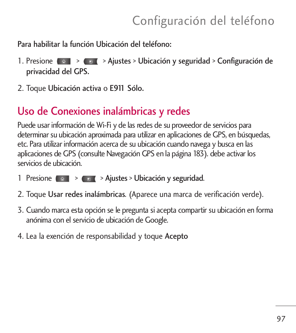 Configuración del teléfono, Uso de conexiones inalámbricas y redes | LG LGL55C User Manual | Page 339 / 506