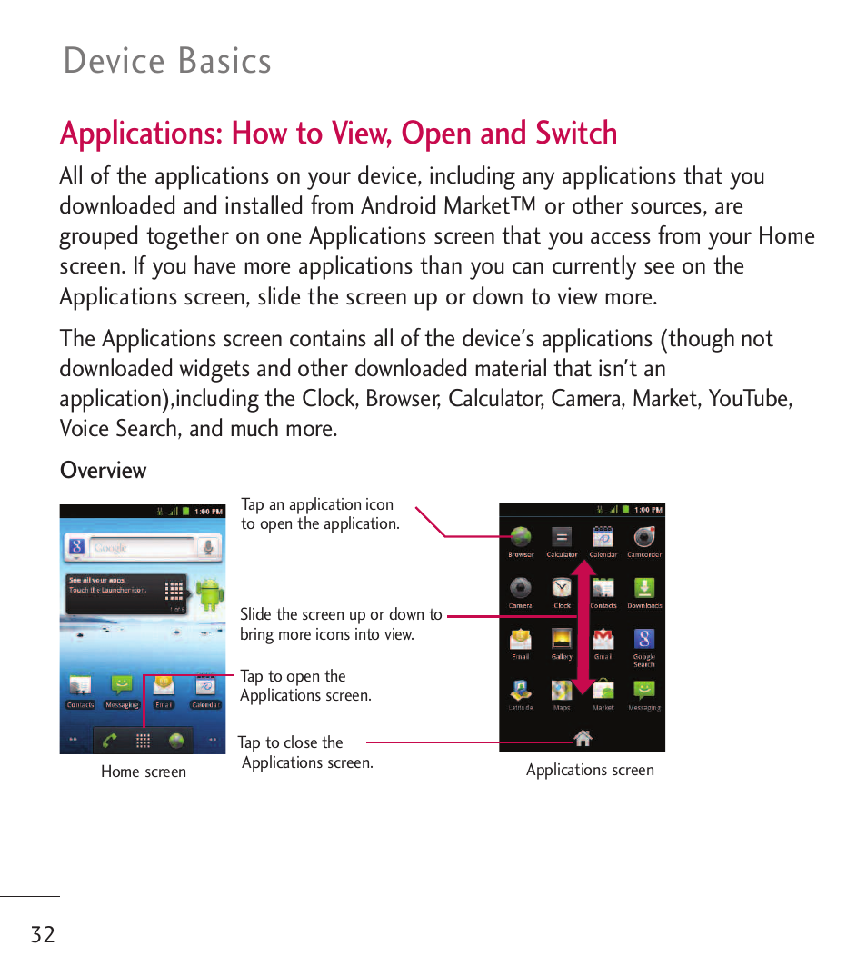 Device basics, Applications: how to view, open and switch | LG LGL55C User Manual | Page 34 / 506