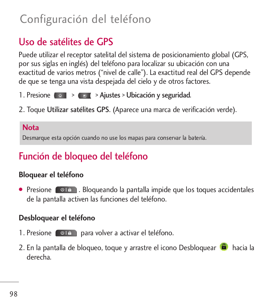 Configuración del teléfono, Uso de satélites de gps, Función de bloqueo del teléfono | LG LGL55C User Manual | Page 340 / 506