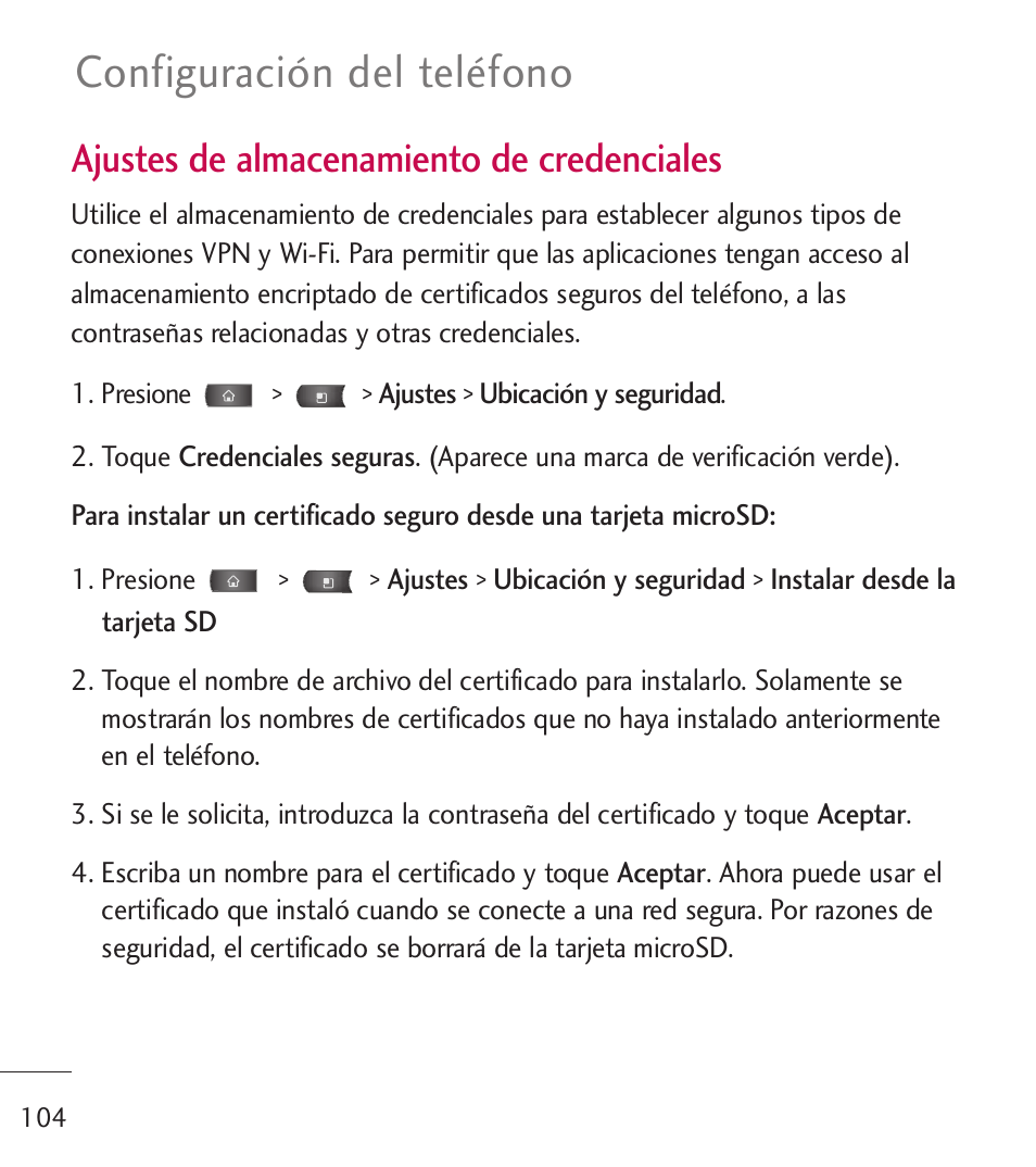 Configuración del teléfono, Ajustes de almacenamiento de credenciales | LG LGL55C User Manual | Page 346 / 506