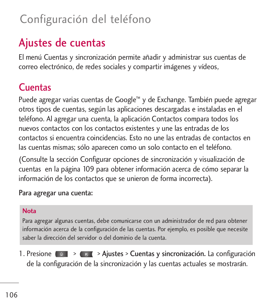 Ajustes de cuentas, Configuración del teléfono, Cuentas | LG LGL55C User Manual | Page 348 / 506