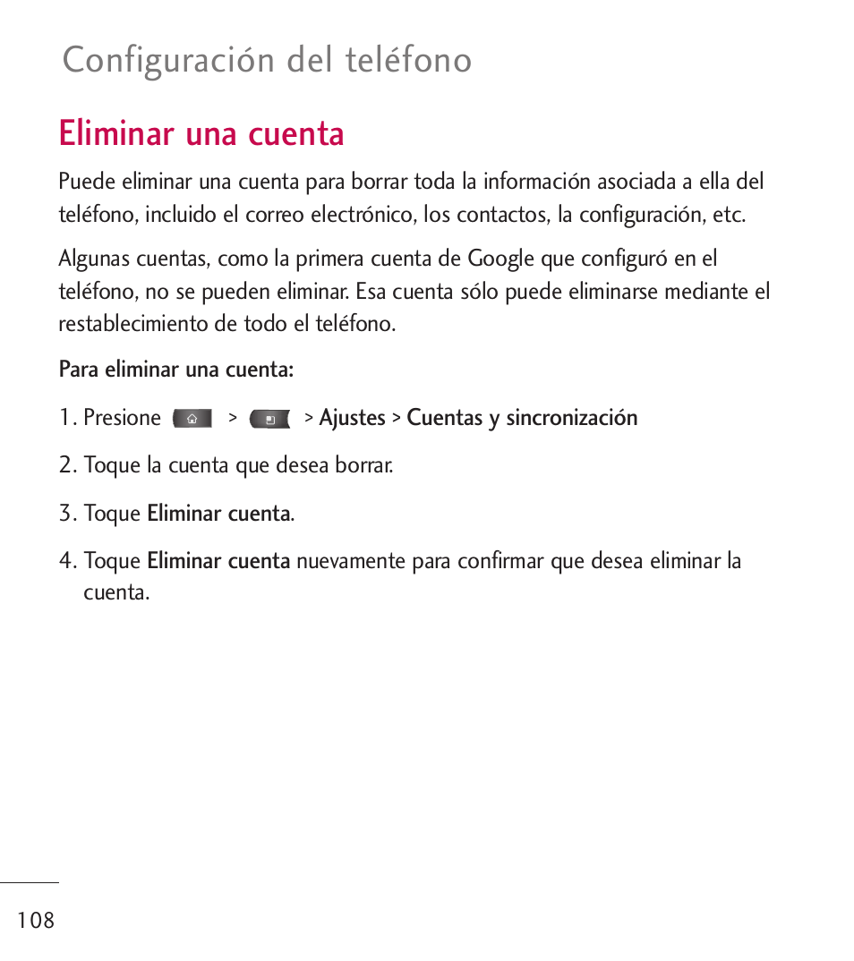 Eliminar una cuenta, Configuración del teléfono | LG LGL55C User Manual | Page 350 / 506