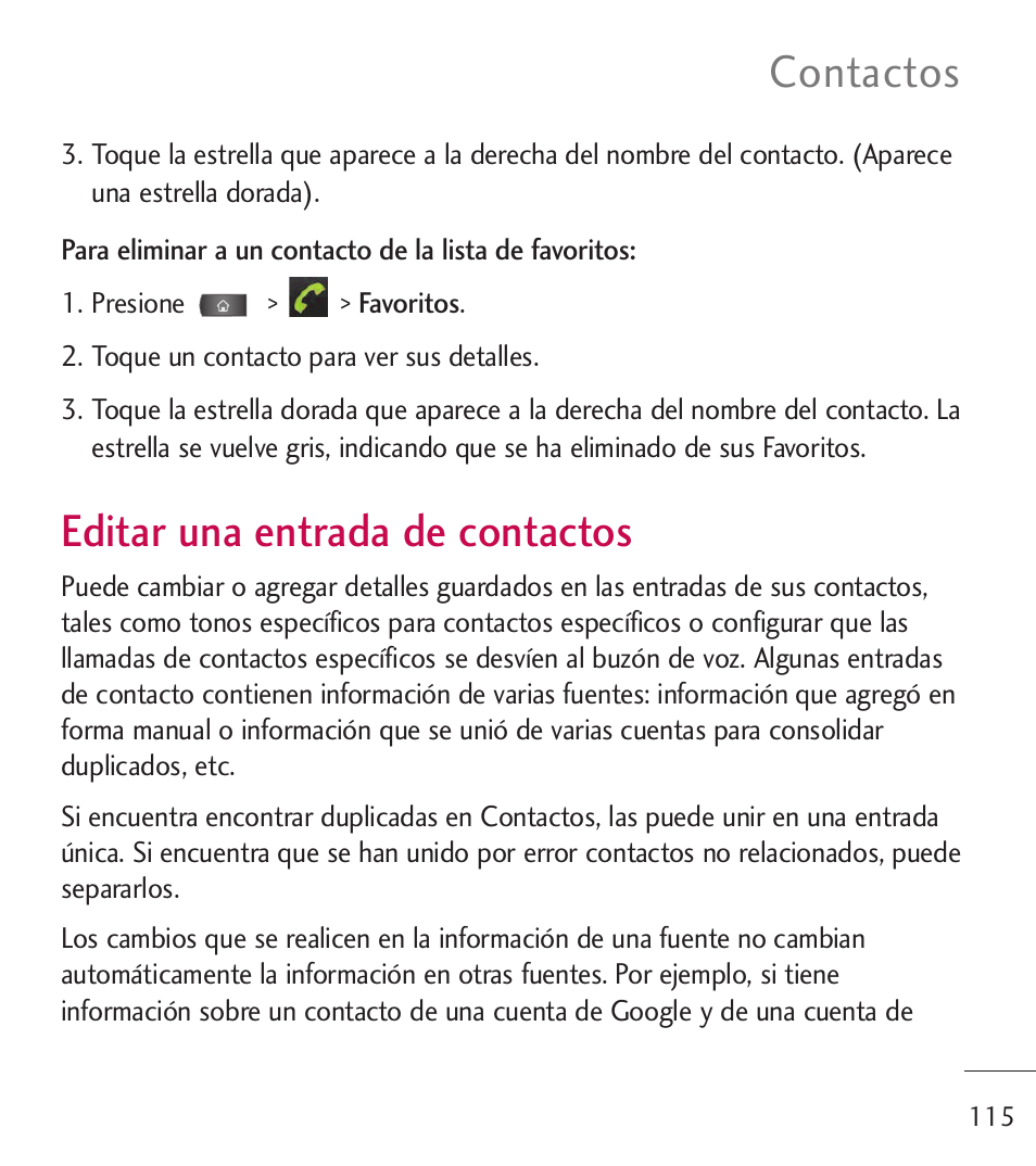 Editar una entrada de contactos, Editar una entrada de contactos 115, Contactos | LG LGL55C User Manual | Page 357 / 506