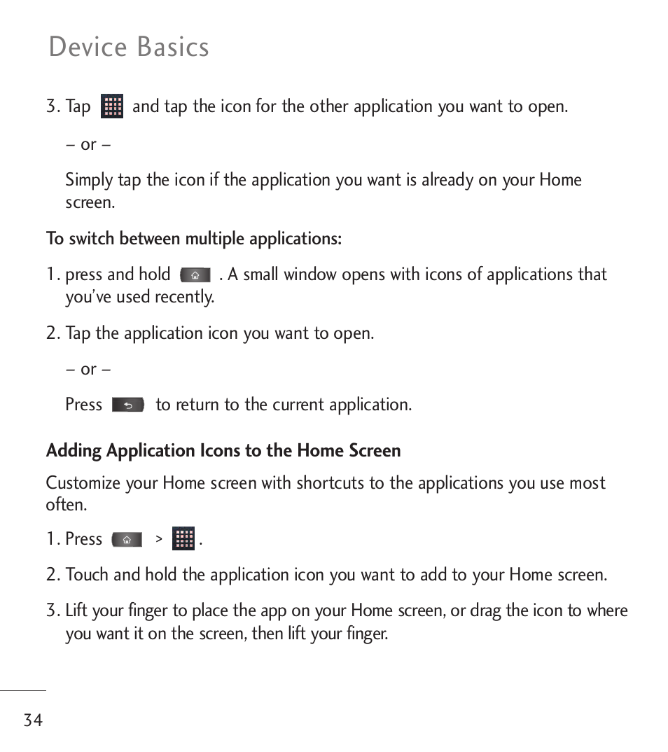 Device basics | LG LGL55C User Manual | Page 36 / 506