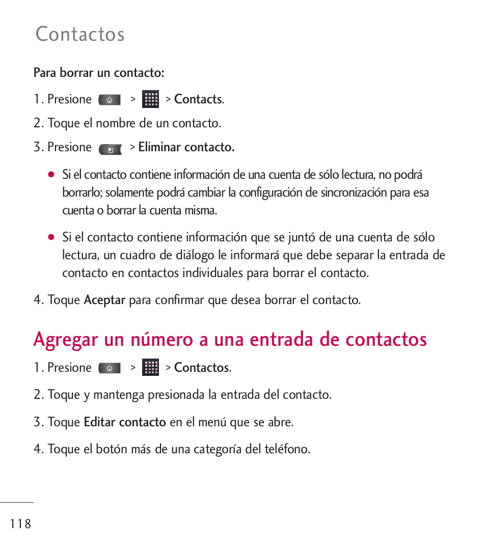 Agregar un n?ero a una ent, Agregar un número a una, Entrada de contactos | Agregar un número a una entrada de contactos, Contactos | LG LGL55C User Manual | Page 360 / 506