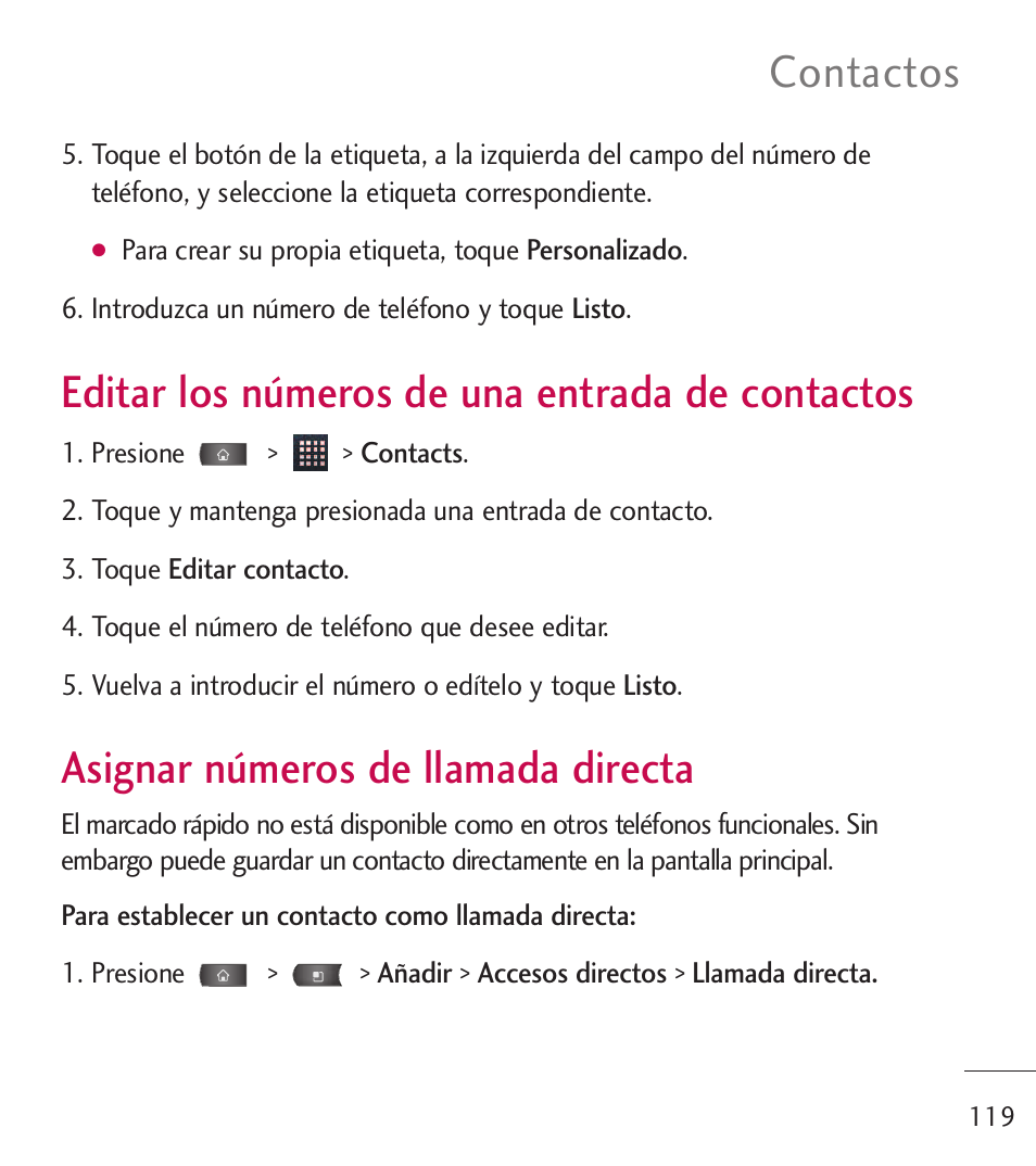 Editar los n?eros de una e, Asignar n?eros de llamada, Editar los números de una | Entrada de contactos, Asignar números de llamada, Directa, Editar los números de una entrada de contactos, Asignar números de llamada directa, Contactos | LG LGL55C User Manual | Page 361 / 506