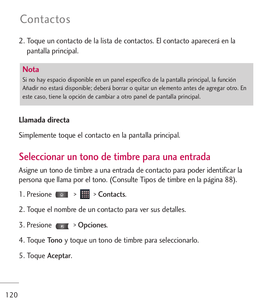 Contactos, Seleccionar un tono de timbre para una entrada | LG LGL55C User Manual | Page 362 / 506