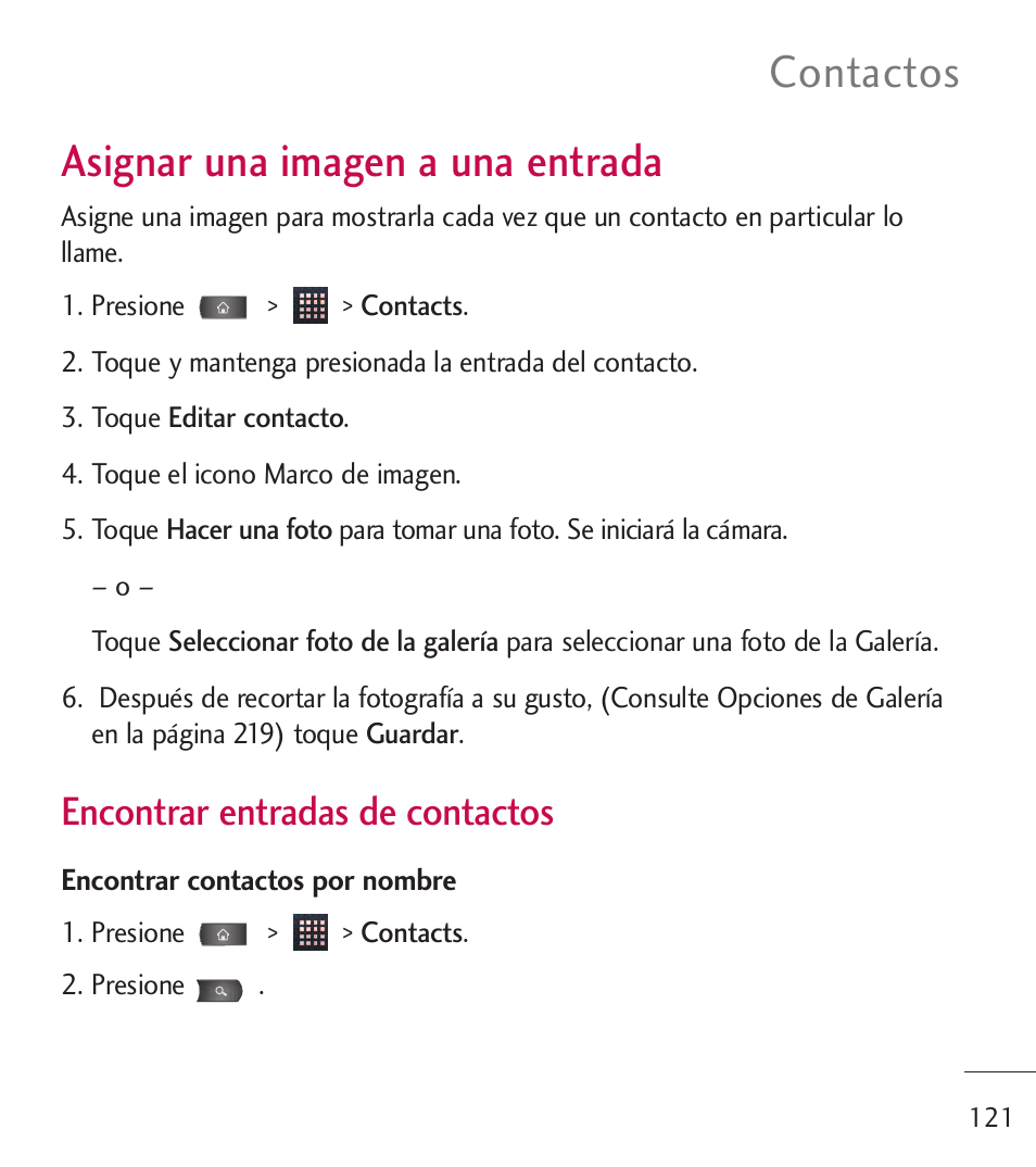 Asignar una imagen a una en, Asignar una imagen a una, Entrada | Asignar una imagen a una entrada, Contactos, Encontrar entradas de contactos | LG LGL55C User Manual | Page 363 / 506