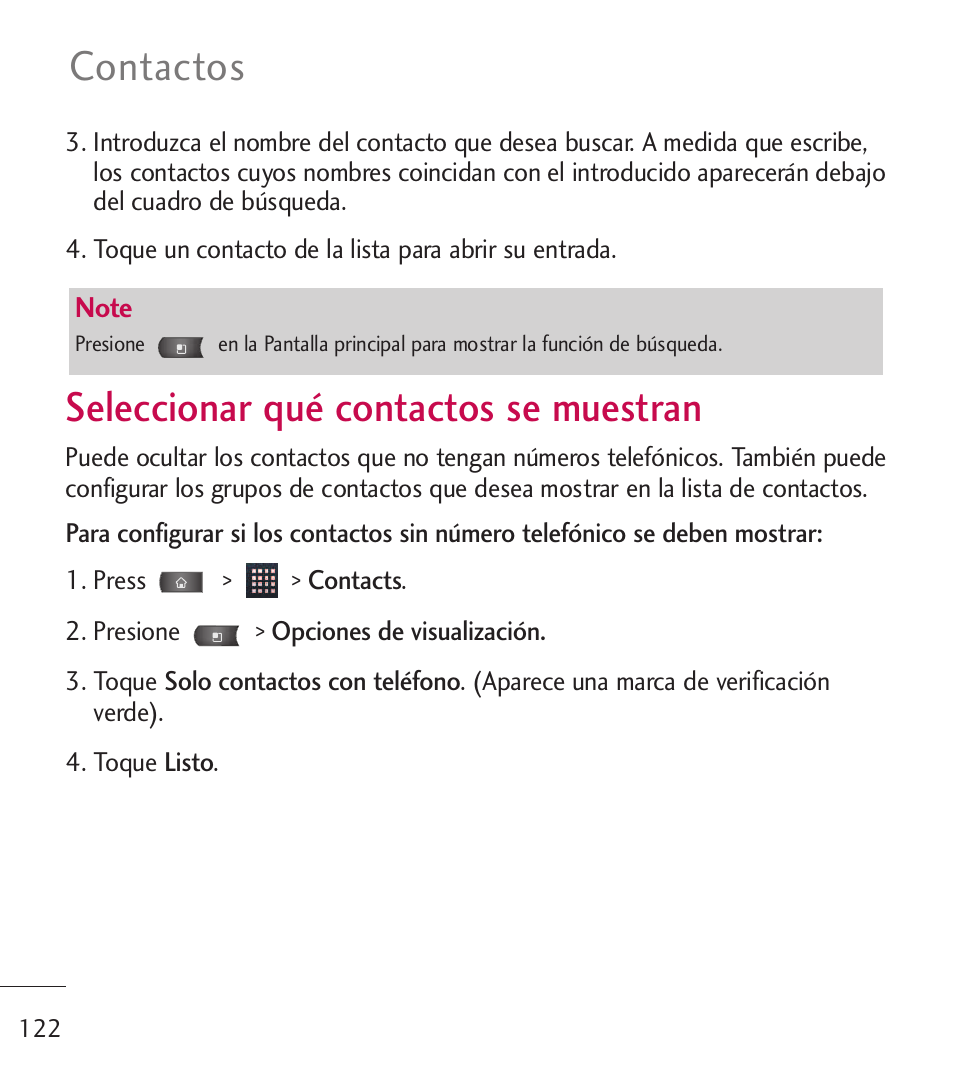 Seleccionar qu?contactos se, Seleccionar qué contactos se, Muestran | Seleccionar qué contactos se muestran, Contactos | LG LGL55C User Manual | Page 364 / 506