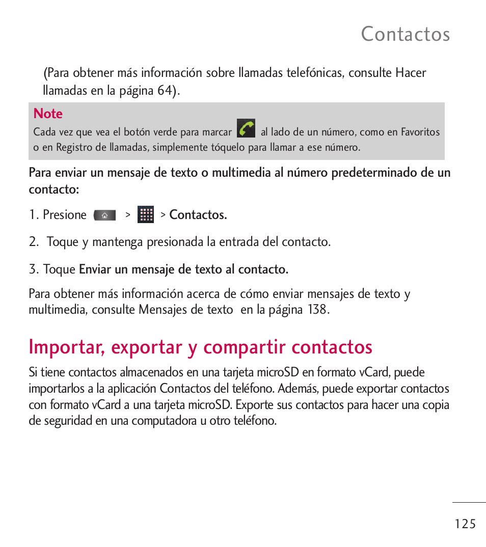 Importar, exportar y compart, Importar, exportar y compartir, Contactos | Importar, exportar y compartir contactos | LG LGL55C User Manual | Page 367 / 506