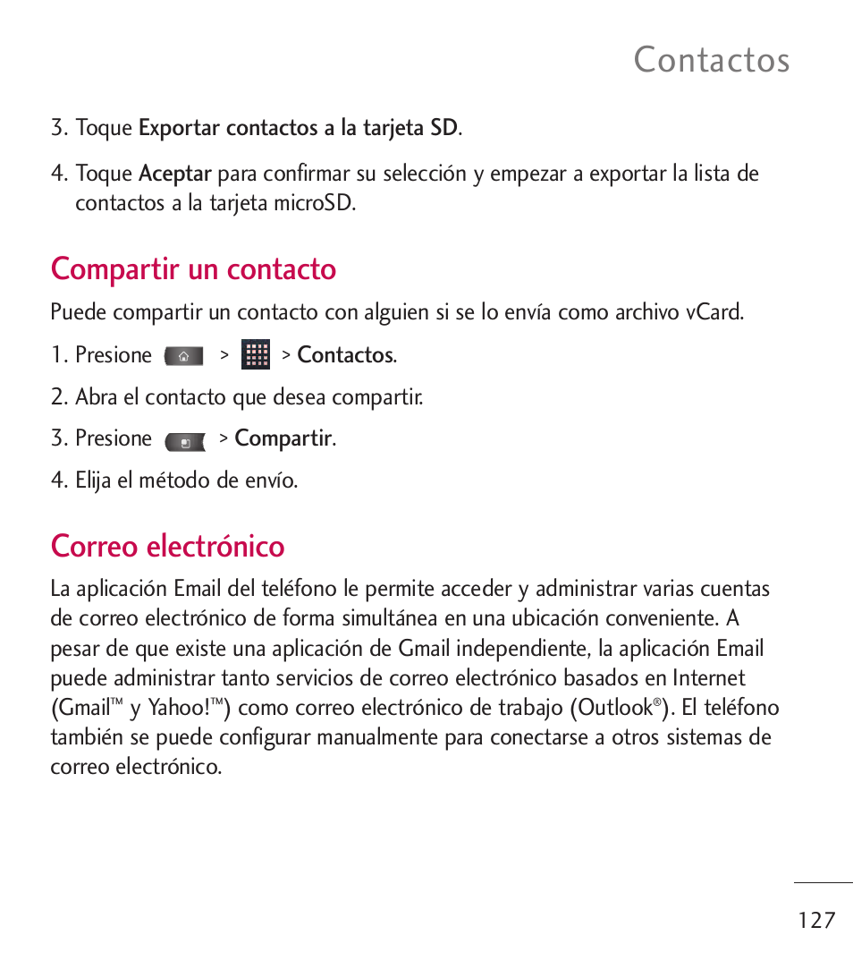 Contactos, Compartir un contacto, Correo electrónico | LG LGL55C User Manual | Page 369 / 506