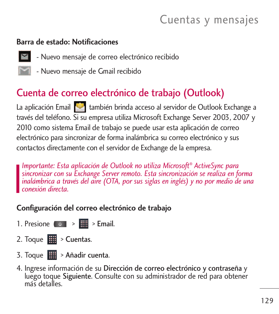 Cuentas y mensajes, Cuenta de correo electrónico de trabajo (outlook) | LG LGL55C User Manual | Page 371 / 506