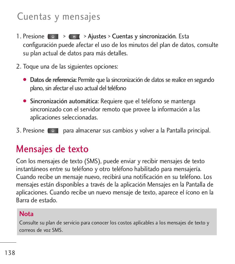 Mensajes de texto, Cuentas y mensajes | LG LGL55C User Manual | Page 380 / 506