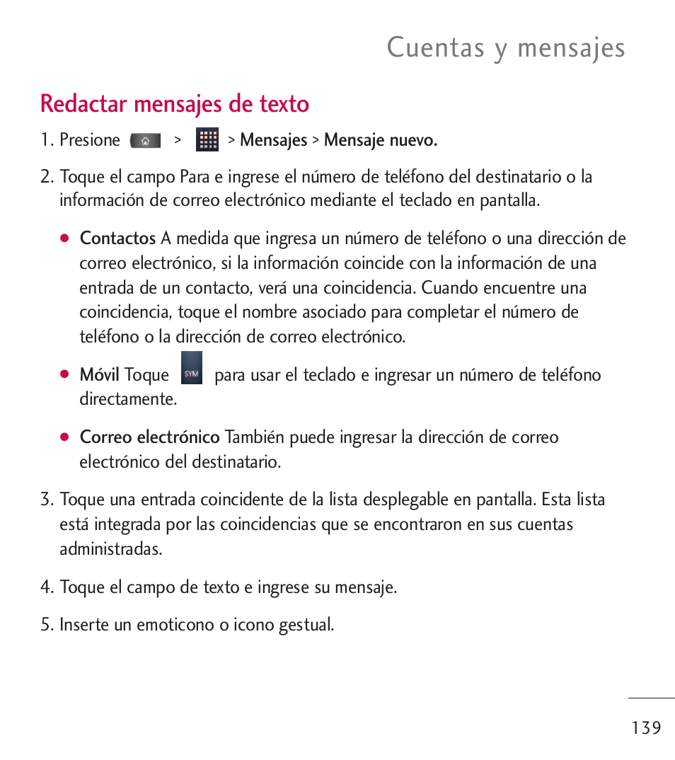 Cuentas y mensajes, Redactar mensajes de texto | LG LGL55C User Manual | Page 381 / 506