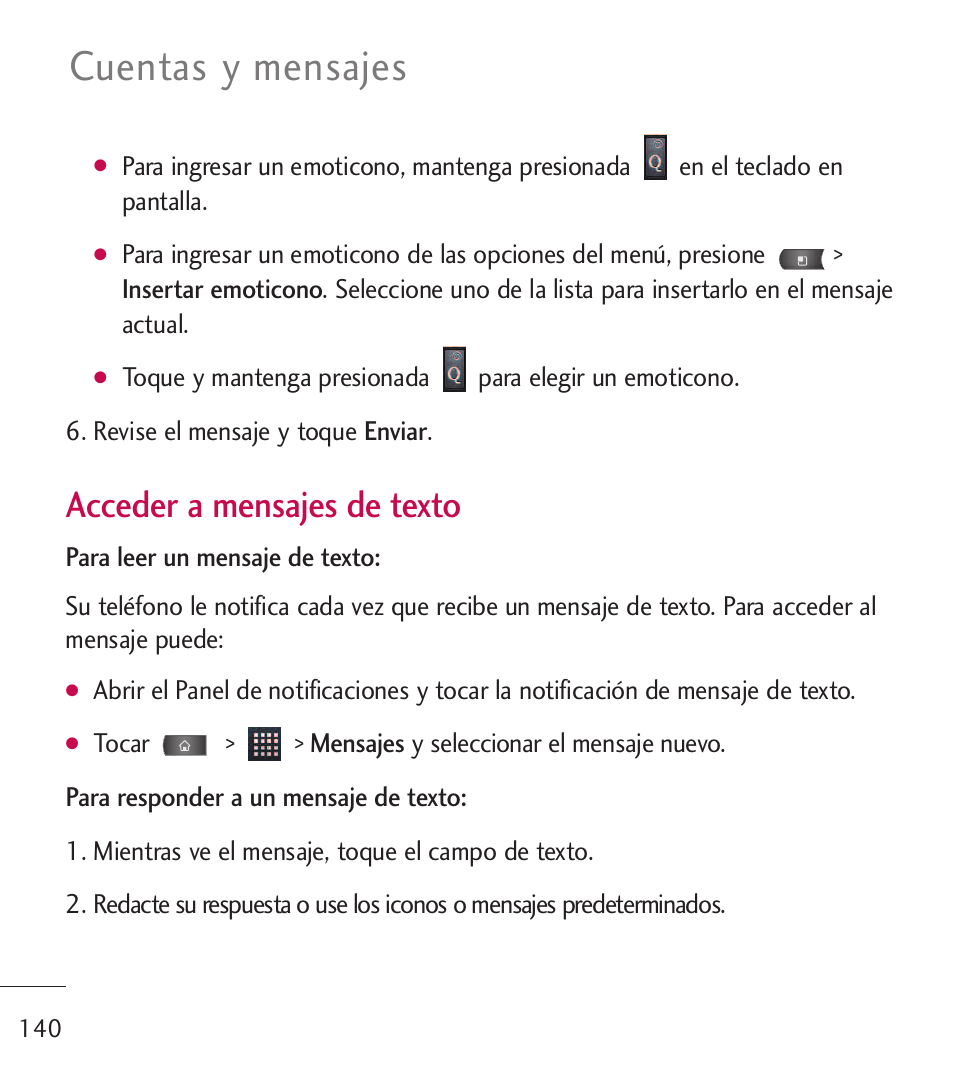 Cuentas y mensajes, Acceder a mensajes de texto | LG LGL55C User Manual | Page 382 / 506