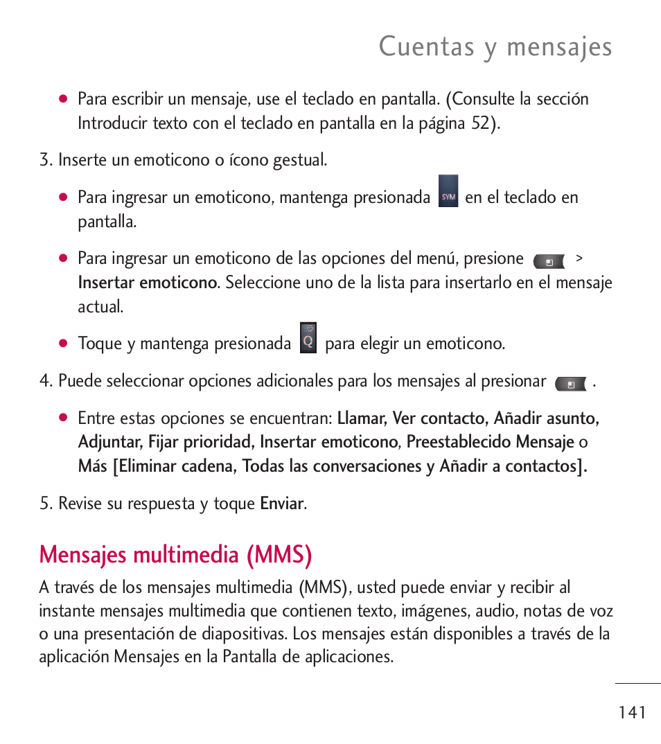 Cuentas y mensajes, Mensajes multimedia (mms) | LG LGL55C User Manual | Page 383 / 506