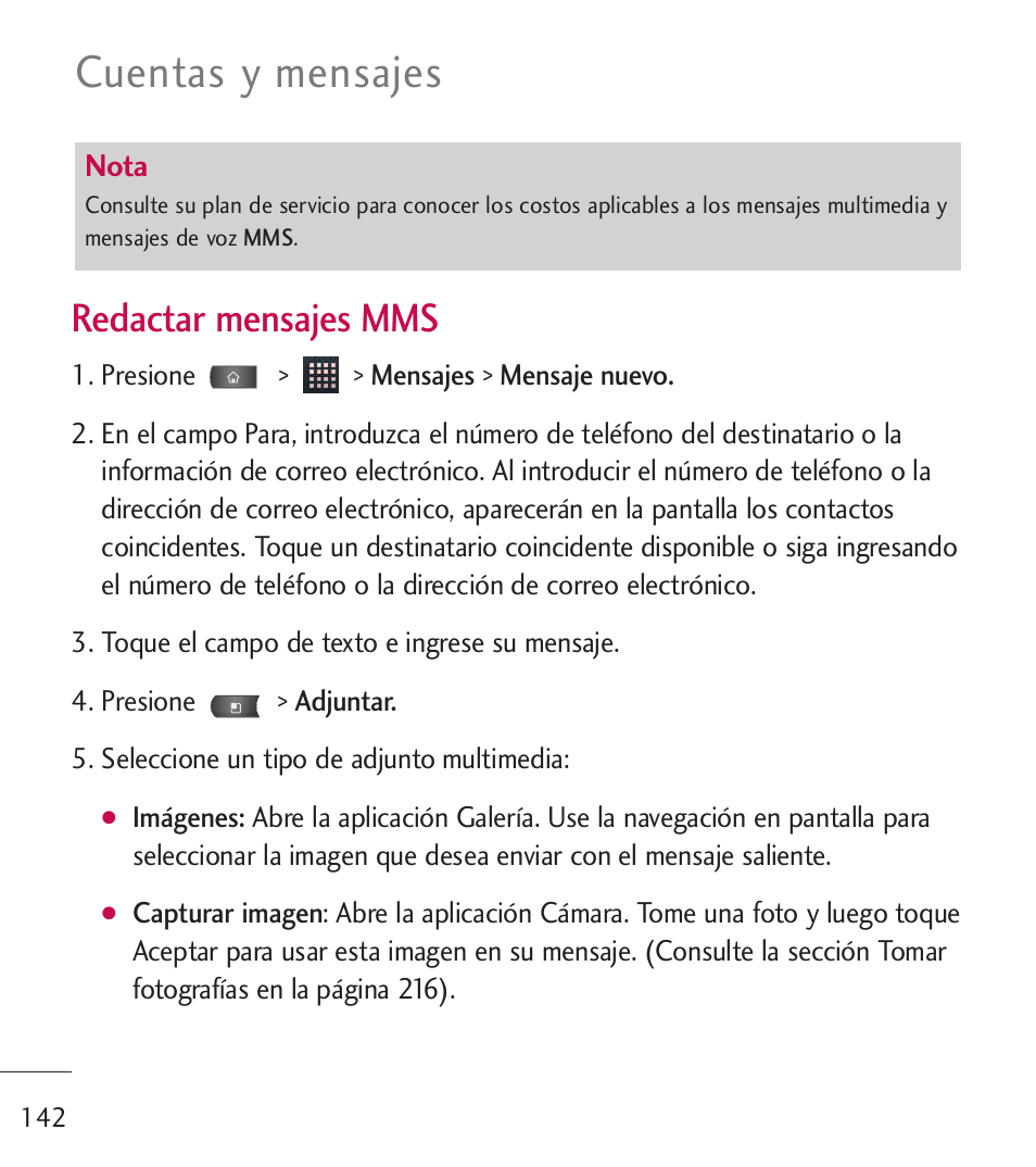 Cuentas y mensajes, Redactar mensajes mms | LG LGL55C User Manual | Page 384 / 506