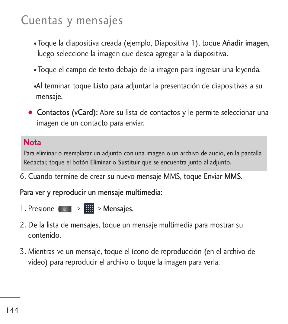 Cuentas y mensajes, Nota | LG LGL55C User Manual | Page 386 / 506