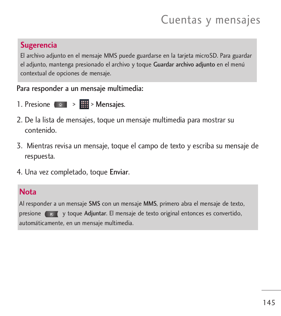 Cuentas y mensajes | LG LGL55C User Manual | Page 387 / 506