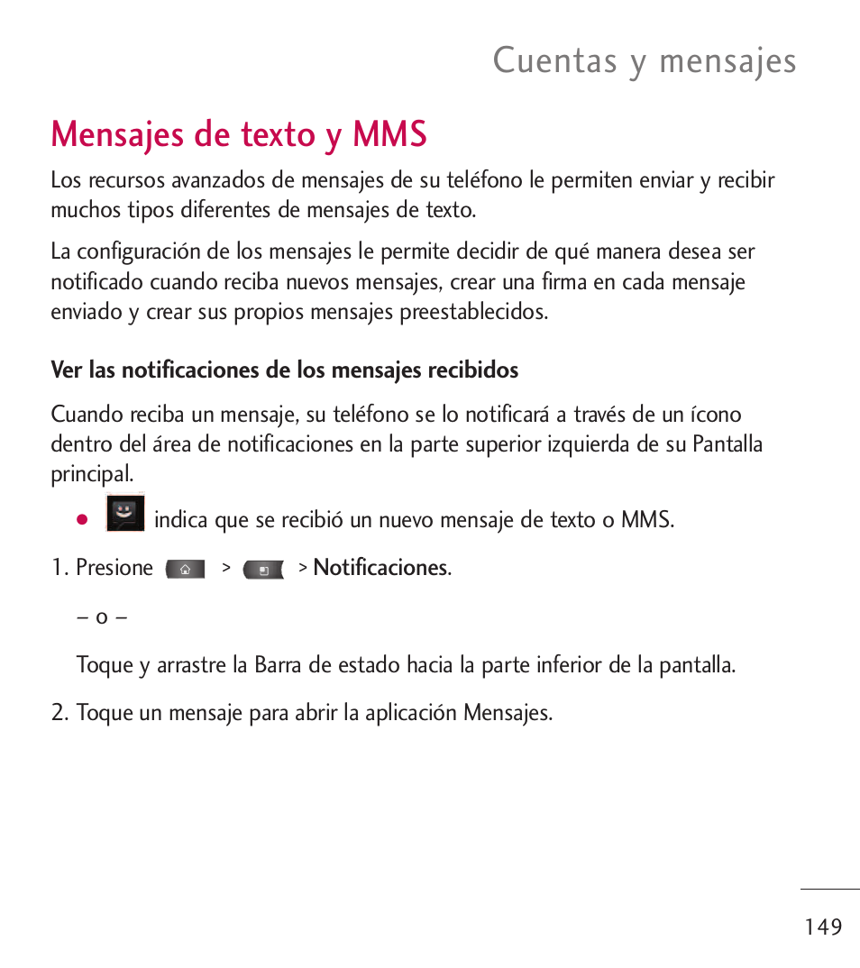 Mensajes de texto y mms, Cuentas y mensajes | LG LGL55C User Manual | Page 391 / 506