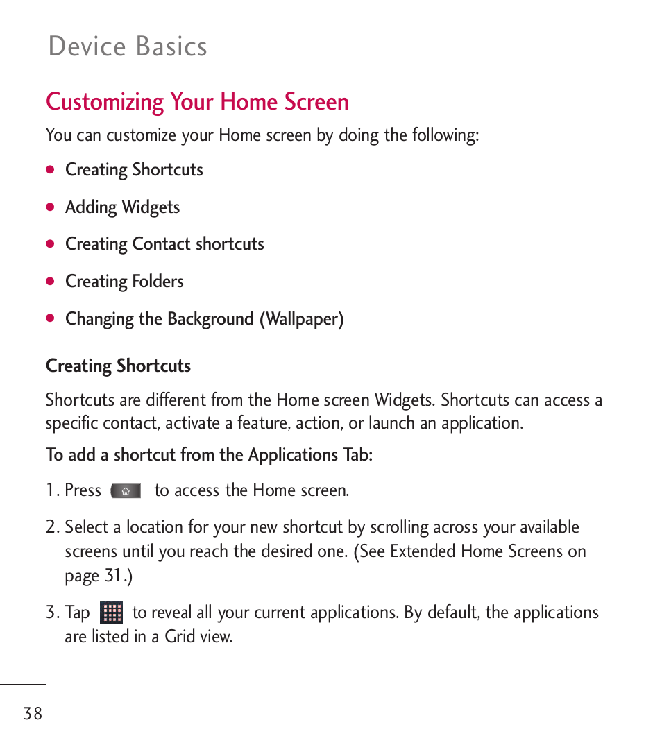 Device basics, Customizing your home screen | LG LGL55C User Manual | Page 40 / 506