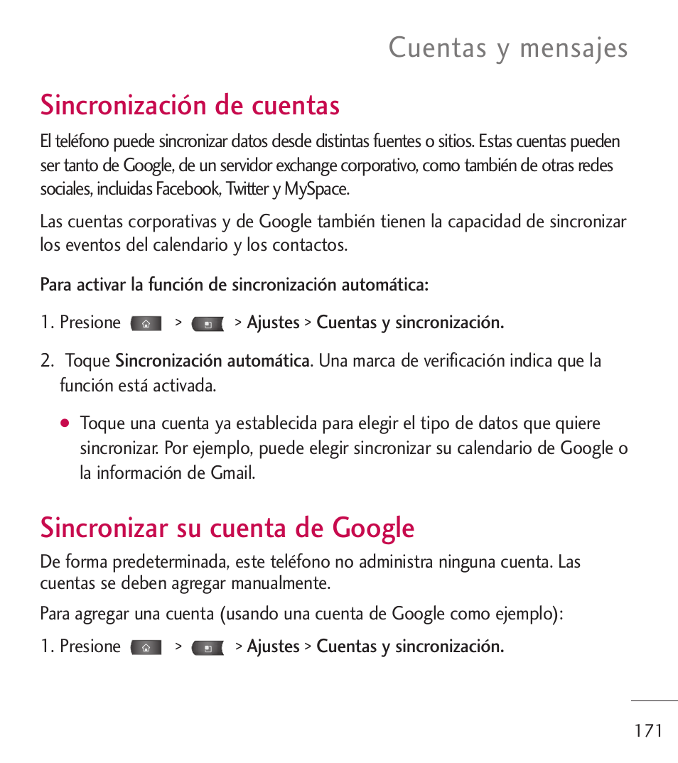 Sincronizaci? de cuentas, Sincronizar su cuenta de go, Sincronización de cuentas | Sincronizar su cuenta de, Google, Sincronizar su cuenta de google, Cuentas y mensajes | LG LGL55C User Manual | Page 413 / 506