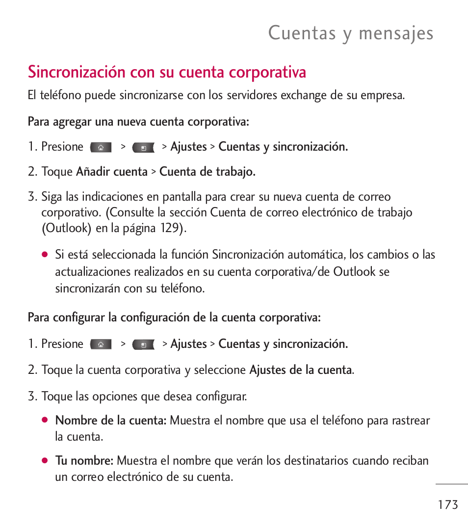 Cuentas y mensajes, Sincronización con su cuenta corporativa | LG LGL55C User Manual | Page 415 / 506