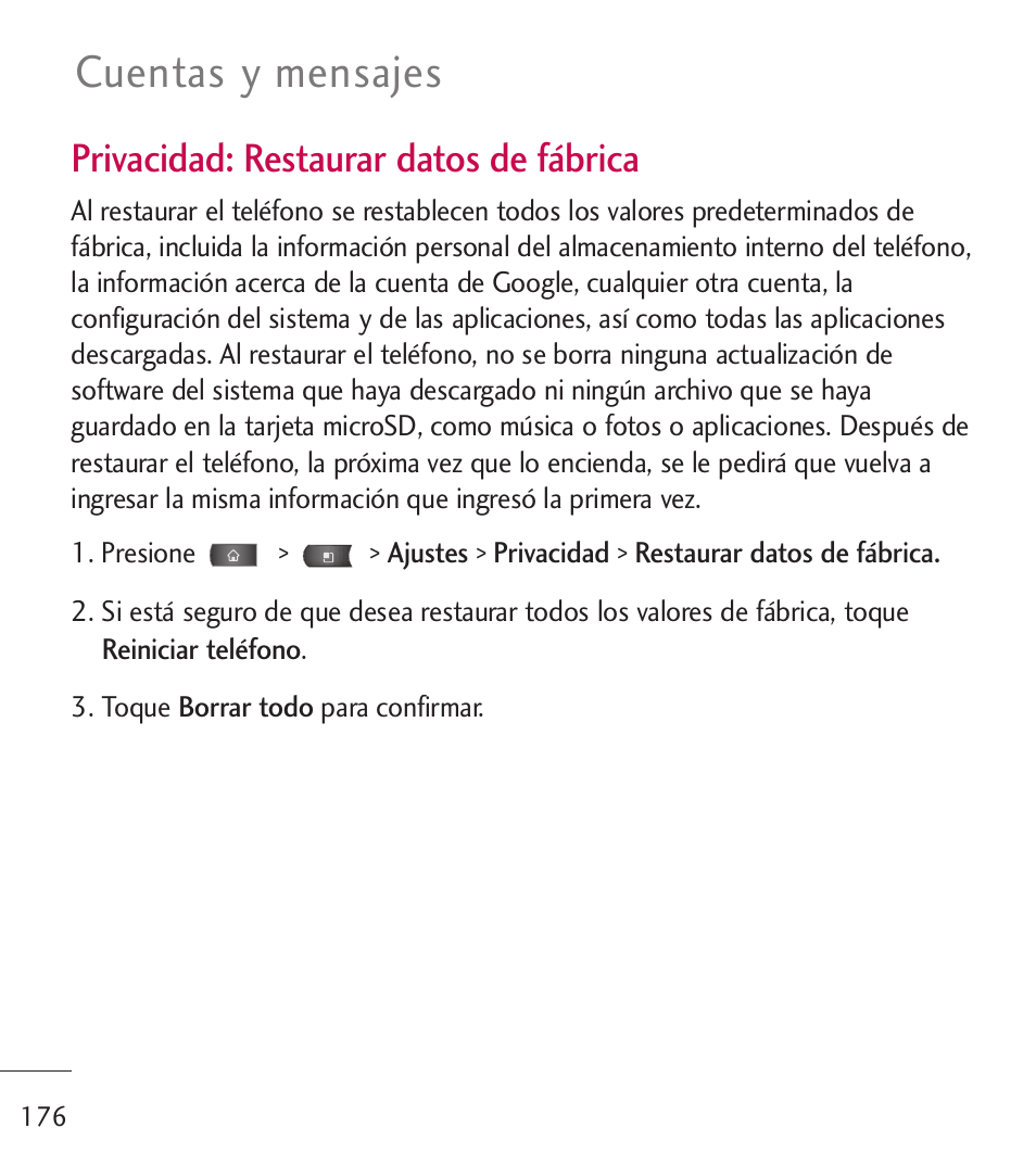 Cuentas y mensajes, Privacidad: restaurar datos de fábrica | LG LGL55C User Manual | Page 418 / 506