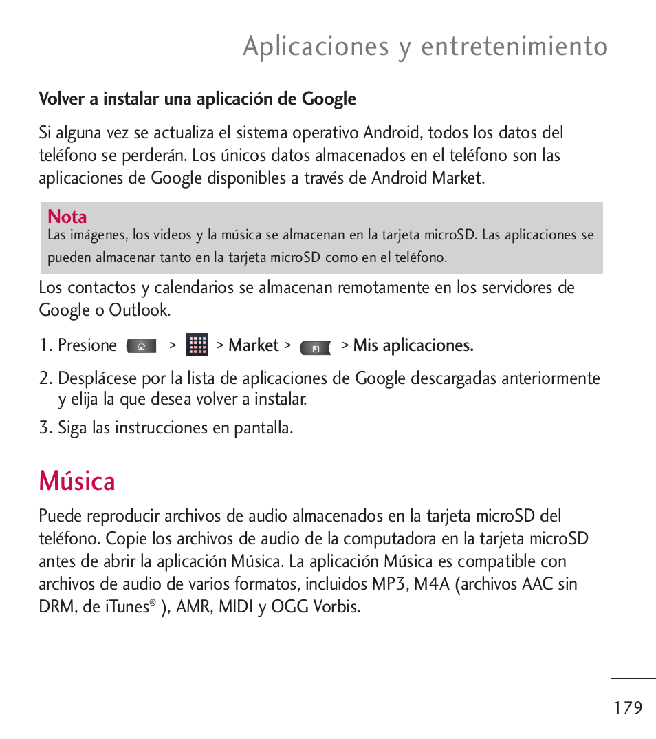 M?ica, Música, Aplicaciones y entretenimiento | LG LGL55C User Manual | Page 421 / 506